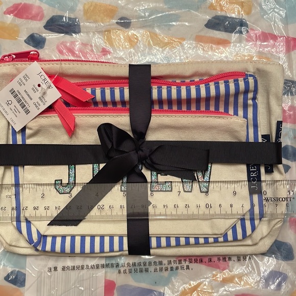NWT J Crew 3 cosmetic bags, different sizes, colorful with pink zippers. - Picture 2 of 13